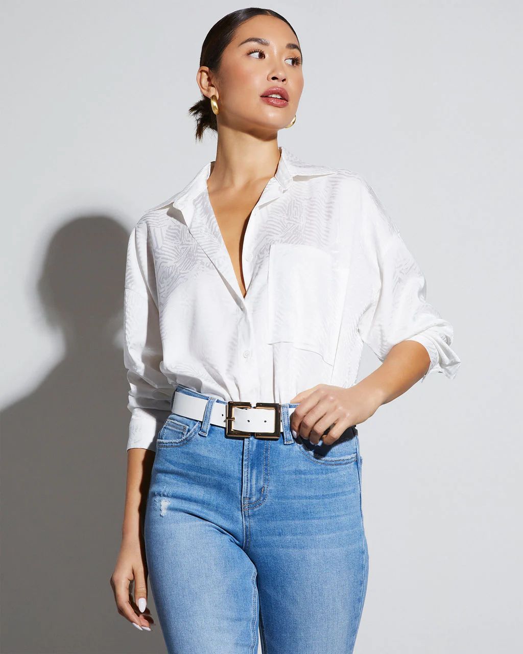 Sherlyn Satin Embossed Button Down Top | VICI Collection