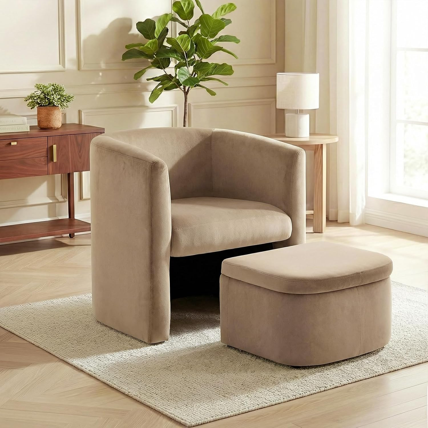 COLAMY Upholstered Velvet Barrel Accent Chair with Storage Ottoman, Morden Living Room Chair with Lounge Seat for Bedroom/Reading Spaces, Khaki | Amazon (US)