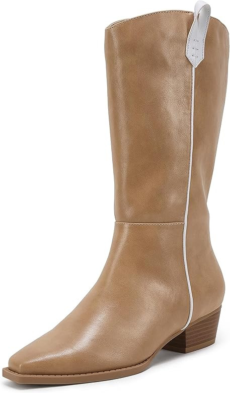 Womens Cowboy Mid Calf Western Boots Fashion Square Toe Low Stacked Heel Pull On Handle Cowgirl B... | Amazon (US)