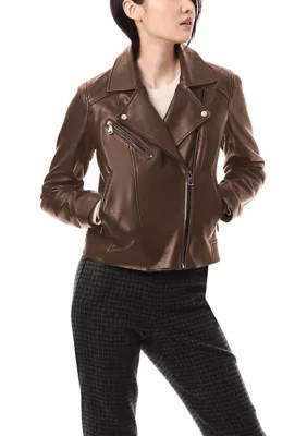 Bernardo Women's Classic Leather Moto Jacket, Brown, X-Large | Belk