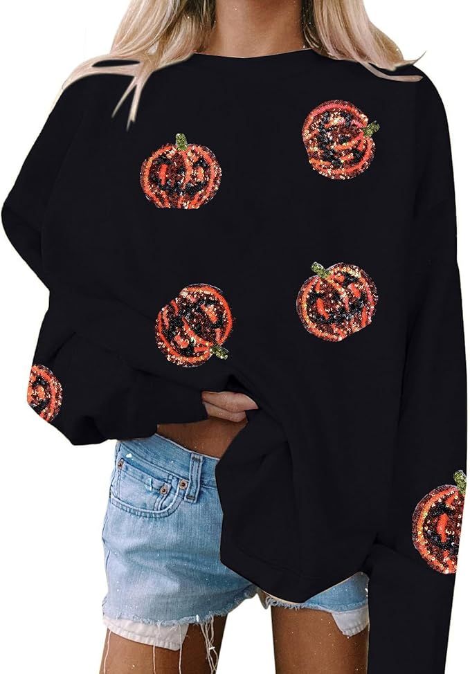 VILOVE Halloween Pumpkin Sequin Sweatshirt Women: Pumpkin Face Long Sleeve Tops Fall Pumpkin Hood... | Amazon (US)