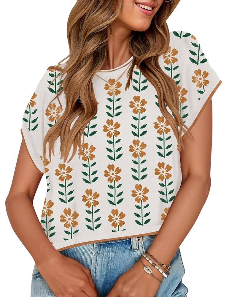 ZESICA Womens Summer Casual Printed Tops Cap Sleeve Crew Neck Cute Knit Sweaters 2025 Trendy Clot... | Amazon (US)