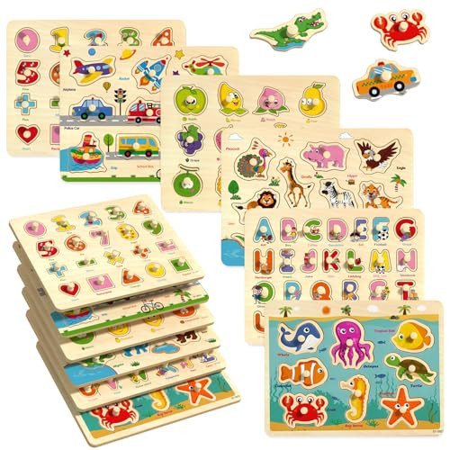 edutree Wooden Peg Puzzles for Toddlers 1 2 3 4, 6 Pack Educational Peg Puzzles Montessori Toys, Learning Puzzles for Kids Girs Boys with Alphabet Number Animal Vehicle Shape | Amazon (US)