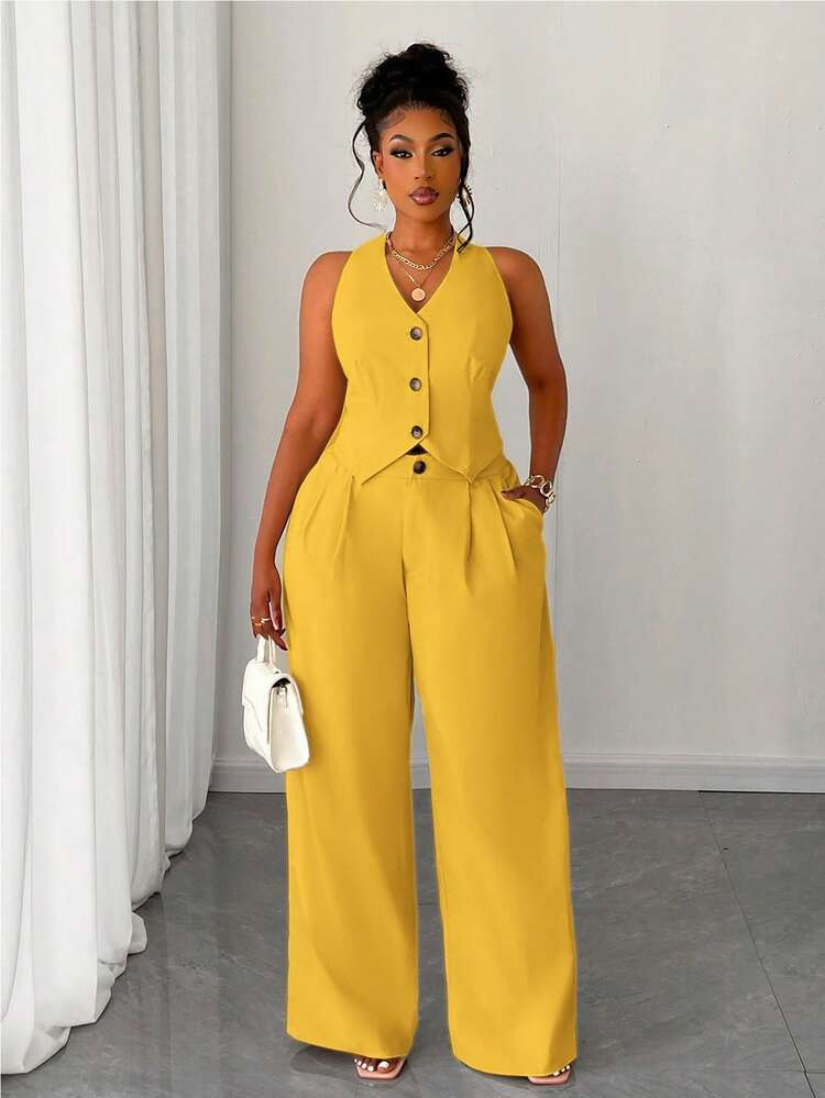Plus Size Women Solid Color Short Vest & Wide Leg Pants 2 Pieces Set | SHEIN