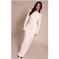 Petite White Slinky Ruched Seam Long Sleeve Dress | PrettyLittleThing US