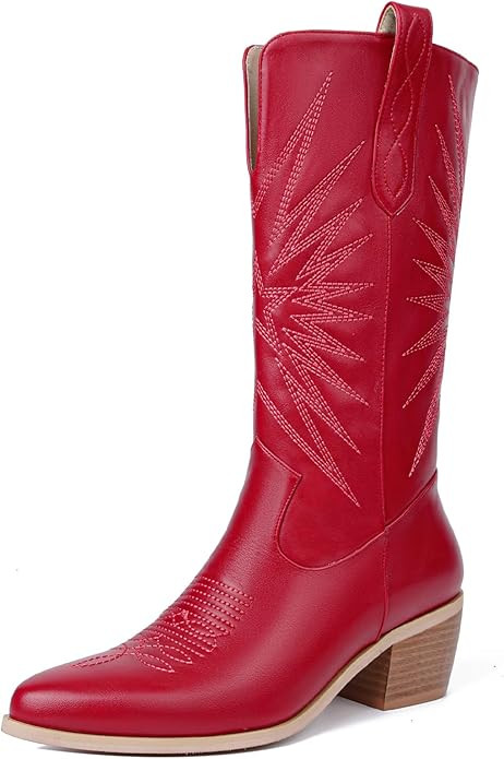 olomisa Cowboy Boots for Women, Metallic Boots Embroidery Pointed Toe Chunky Heel Pull On Mid Cal... | Amazon (US)