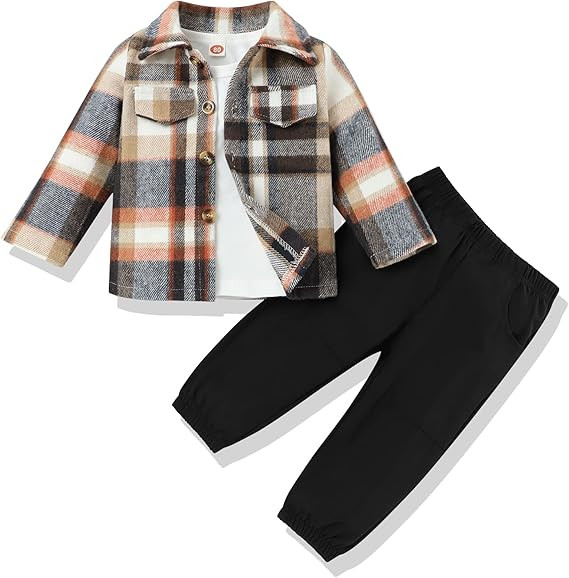 3Pcs Toddler Baby Boy Outfits Plaid Flannel Shirt+T Shirts+Pants 6M-5T | Amazon (US)