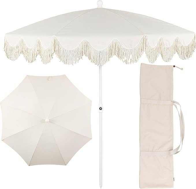 JONATHAN Y UMB1005E Mariner 6.5 ft. Classic Cottage Fringe Tassel Market Beach Umbrella with Push... | Amazon (US)