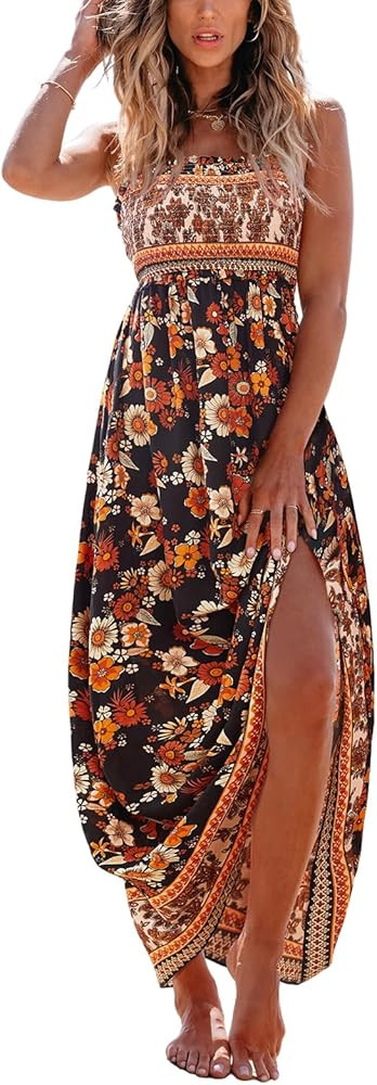 CUPSHE Boho Floral Summer Dress for Women Beach Vacation Smocked Sundress Resort Flowy Casual Max... | Amazon (US)