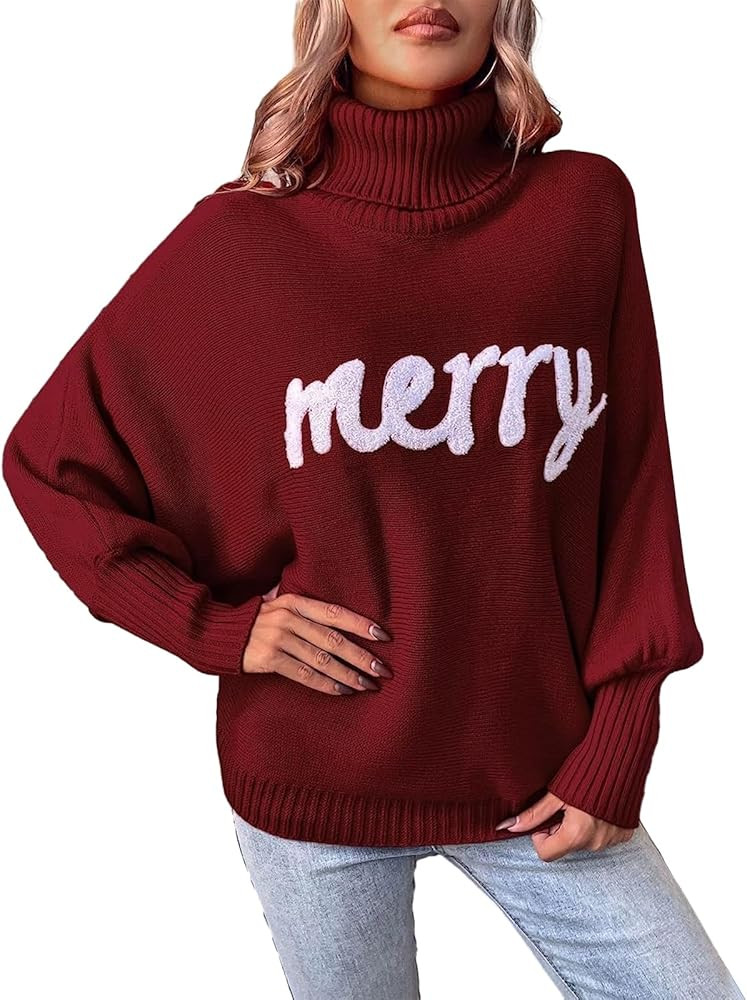 Muineobuka Women Merry Sweaters Turtleneck Long Sleeve Letter Embroidery Loose Knitted Pullover M... | Amazon (US)