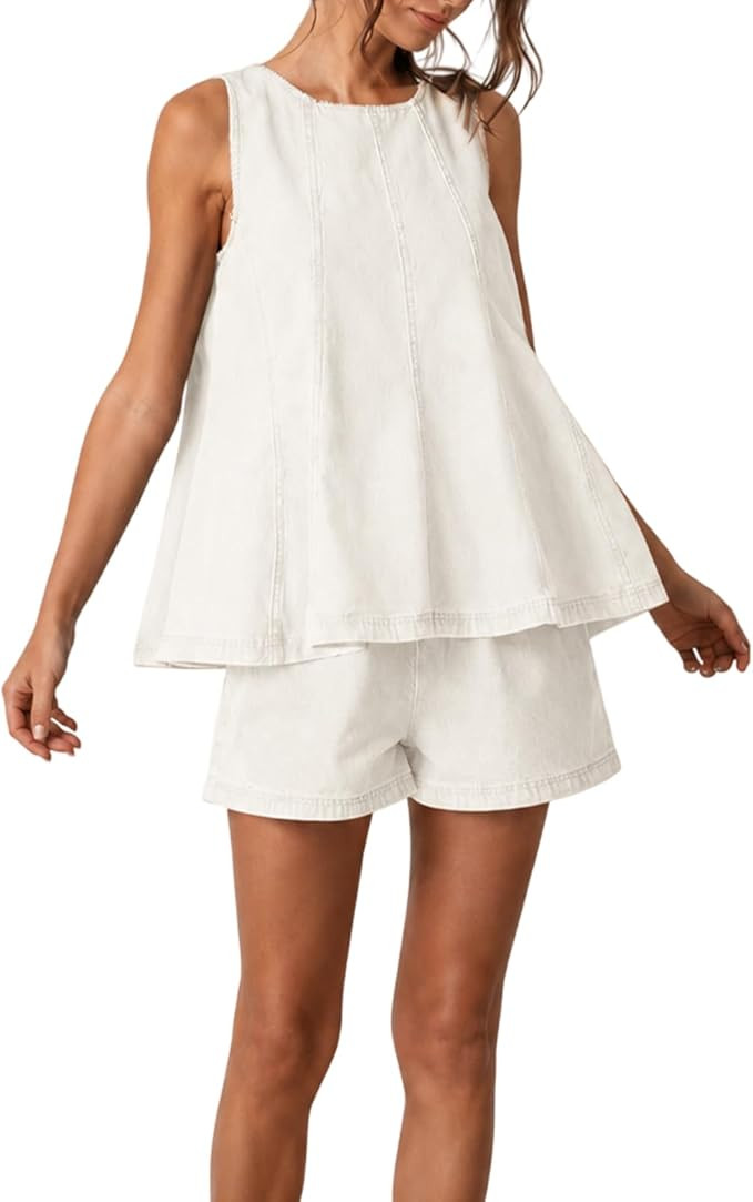 Denim Set for Women 2 Piece, Denim Two Piece Outfits for Women Sleeveless Flared Tank Top High Wa... | Amazon (US)