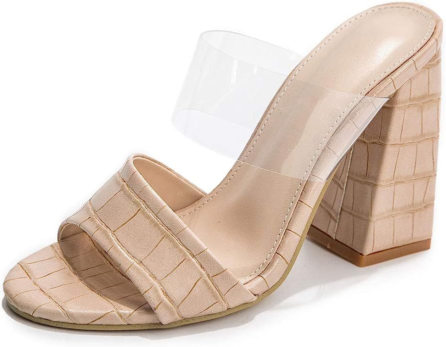 Women's Paralleled Strap Backless Slide Block High Heel Sandals | Amazon (US)