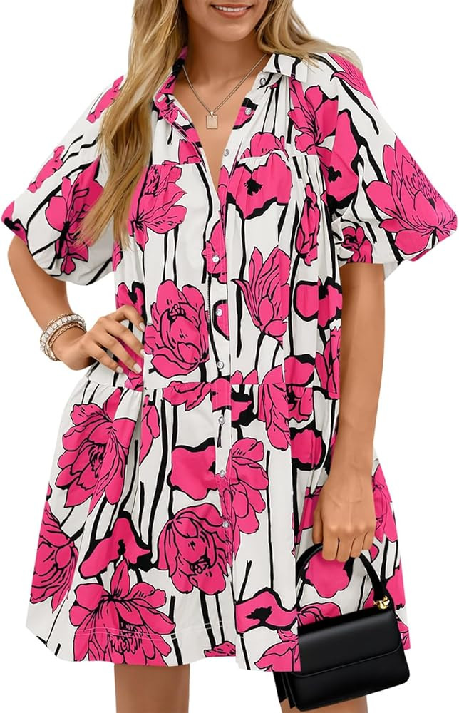 Wenrine Women's Summer Button Down Shirt Dress Floral Puff Short Sleeve Casual Loose Fit Beach Mi... | Amazon (US)