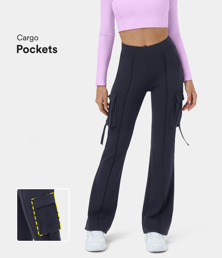 High Waisted Side Flap Pocket Cargo Flare Work Leggings | HALARA