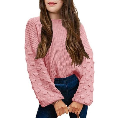 Girls Pullover Sweater Cable Knit Soft Comfy Sweater for Girls Crew Neck Sweater Puff Sleeve Ribbed Knit Cuff,Pink - 130 | Target
