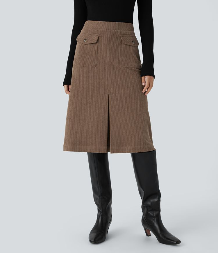 Women’s Mid Rise Front Side Flap Pocket Midi Corduroy Casual Skirt - Halara | HALARA