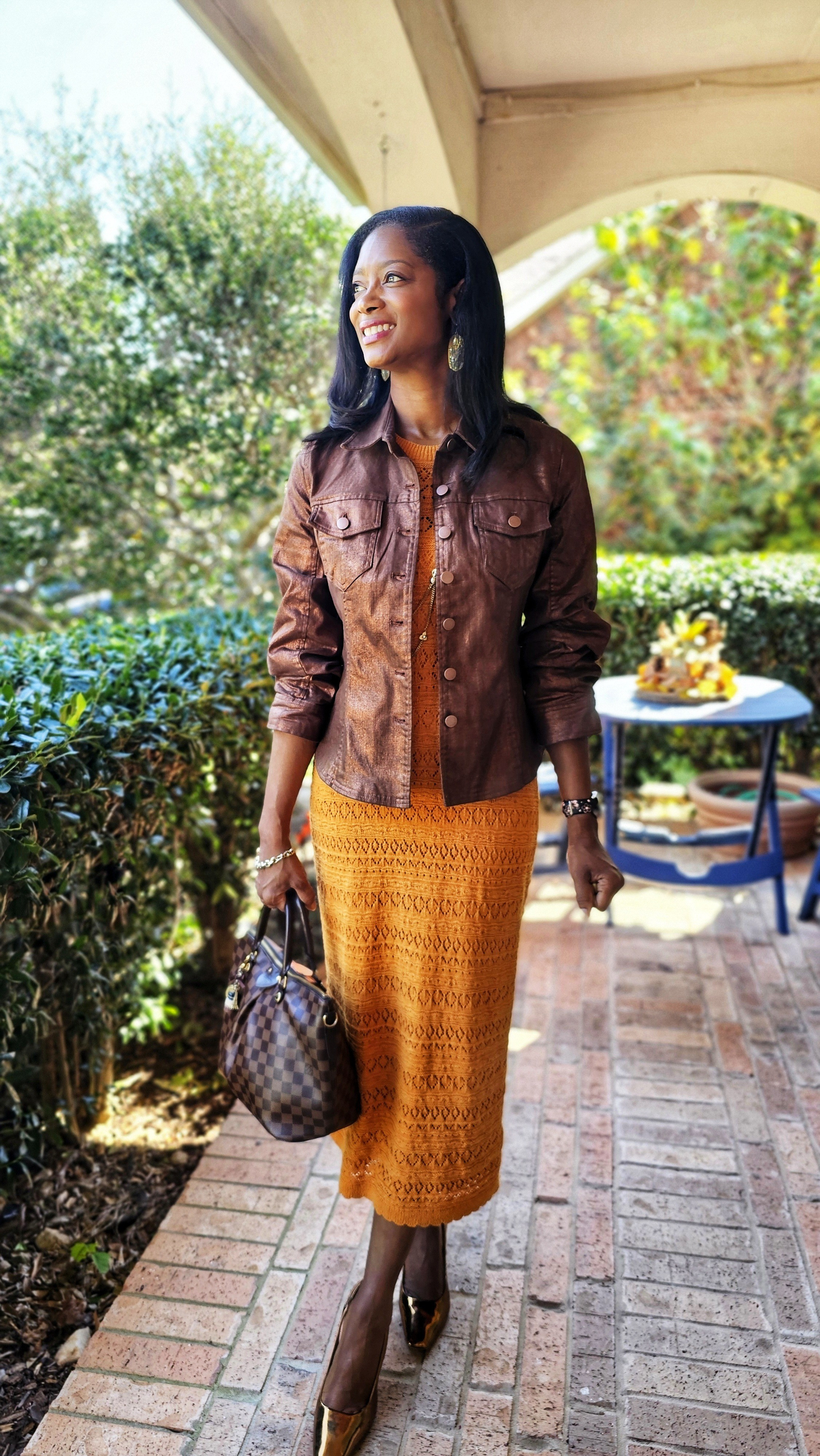 Do you remember that crochet knit dress you bought this summer? Take it into fall 🍂 by pairing it with closed toed shoes, a neutral handbag, and  metallic jacket!**#bostonproper #falloutfit #crochetdress #knitdress #expressyou #brownjacket #louisvuitton #metallicshoes #metallicjacket 

#LTKSeasonal #LTKFallSale #LTKOver40