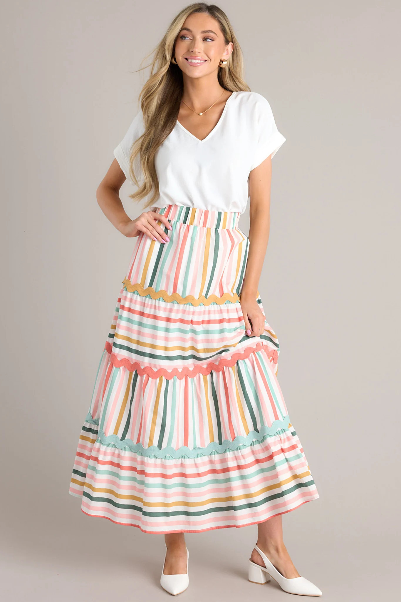 Meet For Tea Sage Multi Stripe Cotton Maxi Skirt | Red Dress