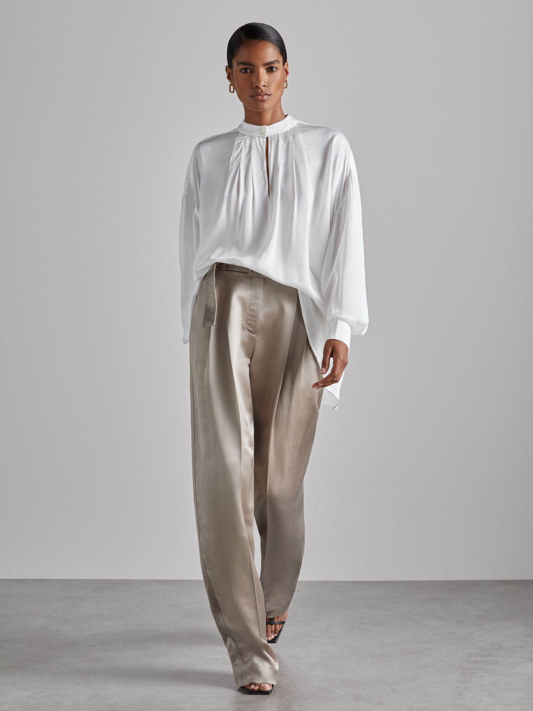 Reiss Atelier Belted Satin Trousers in Champagne - REISS | Reiss UK