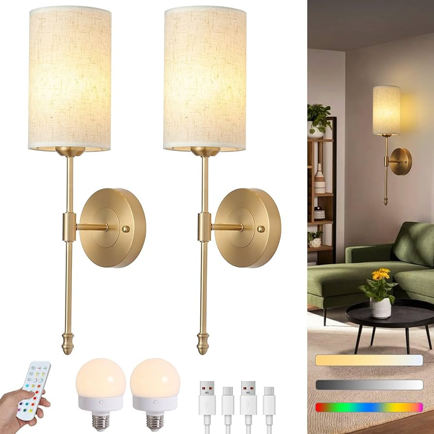 Battery Operated Wall Sconces Set of Two, Rechargeable Wireless Wall Lights with Remote, Gold Ele... | Amazon (US)