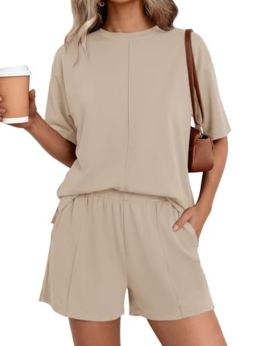 BTFBM Casual 2 Piece Sets For Women Summer 2026 Short Sleeve Tops Shorts Spring Lounge Matching Workout Airport Outfits(Beige,Small) | Amazon (US)