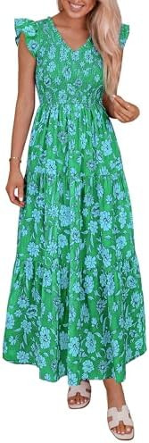 PRETTYGARDEN Women's Boho Floral Maxi Dress 2026 Summer Smocked V Neck Ruffle Sleeve Spring Flowy... | Amazon (US)