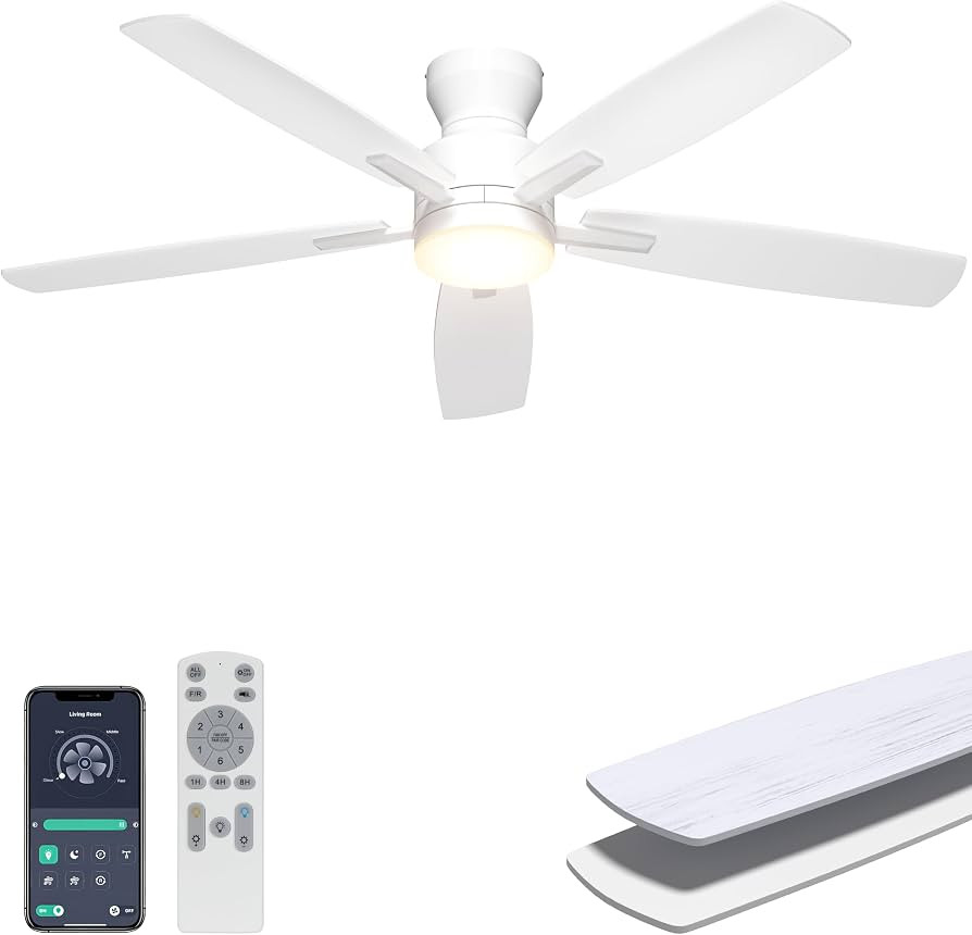 Ohniyou 52'' Low Profile Ceiling Fan with Lights, Remote/APP Control, White | Amazon (US)