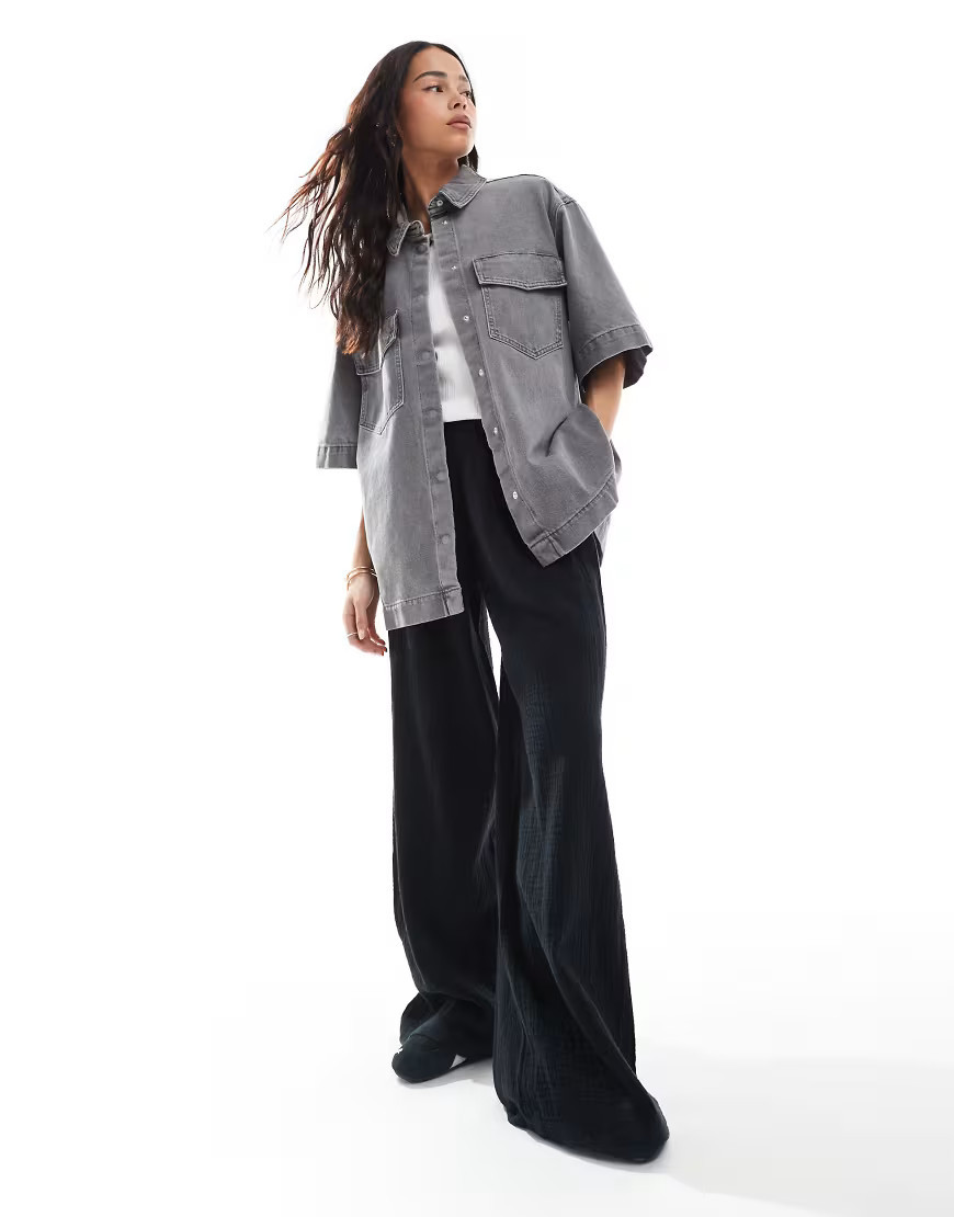ONLY short sleeve oversized shirt with front pocket detail in gray denim | ASOS (Global)