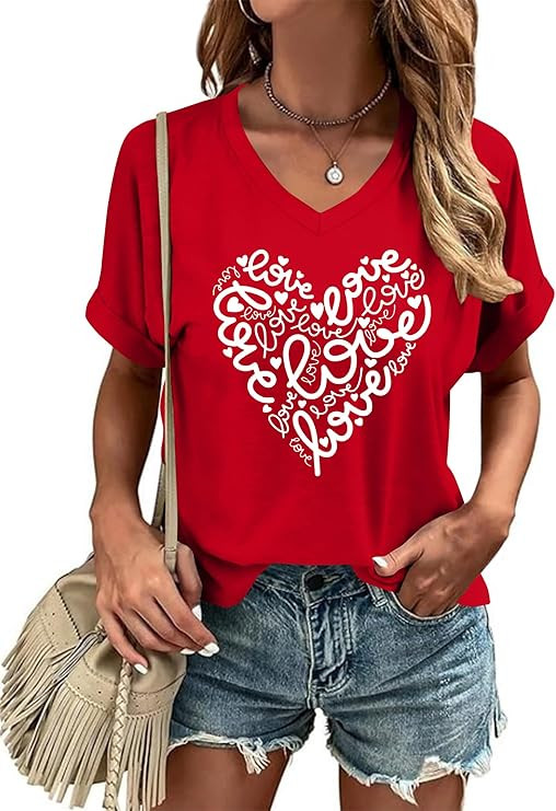 Valentines Shirt Women: Funny Love Heart Graphic Shirts Valentines Gift T Shirt V Neck Short Slee... | Amazon (US)