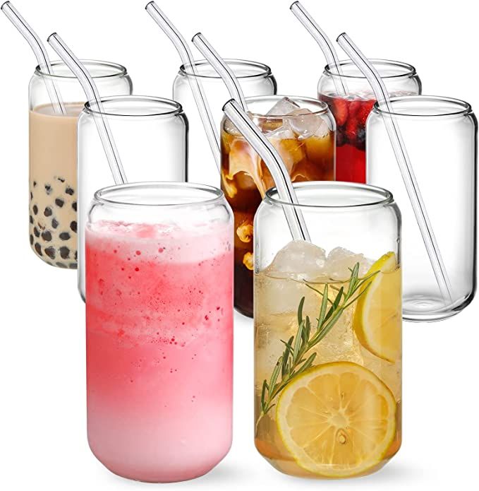 [ 8pcs Set ] Drinking Glasses with Glass Straw - 16oz Can Shaped Glass Cups, Beer Glasses, Iced C... | Amazon (US)