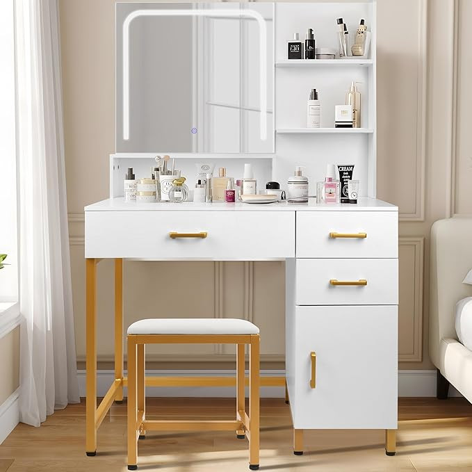 DOUSY-Makeup Vanity Desk with Mirror & Lights, Vanity Table Set with Storage Drawers, Shelves, Ca... | Amazon (US)