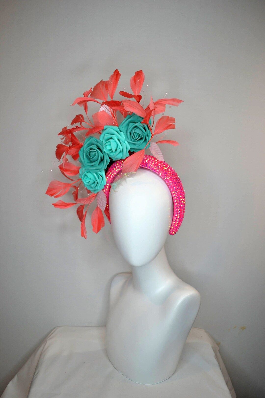 kentucky derby hat fascinator pink swarovski crystal headband with orange coral feathers teal blu... | Etsy (US)