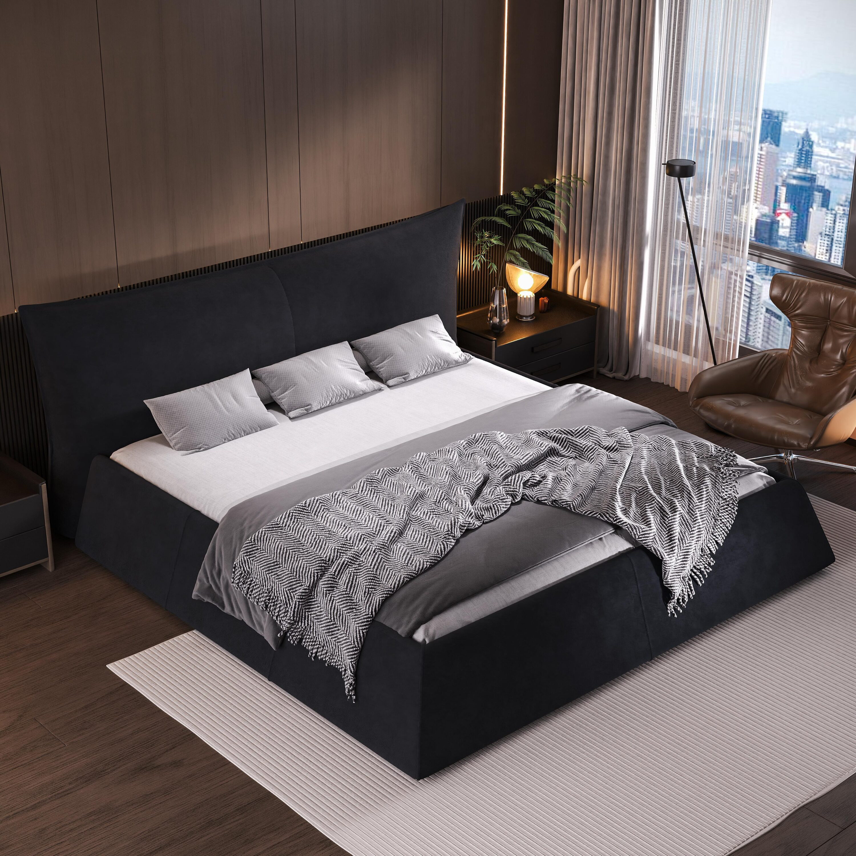 LUXEYARD King Size Upholstered Platform Bed with Special Shaped Velvet Headboard Metal and Solid Wood Frame Black one_size | DS-J-YIW1885S00028 | Lowe's