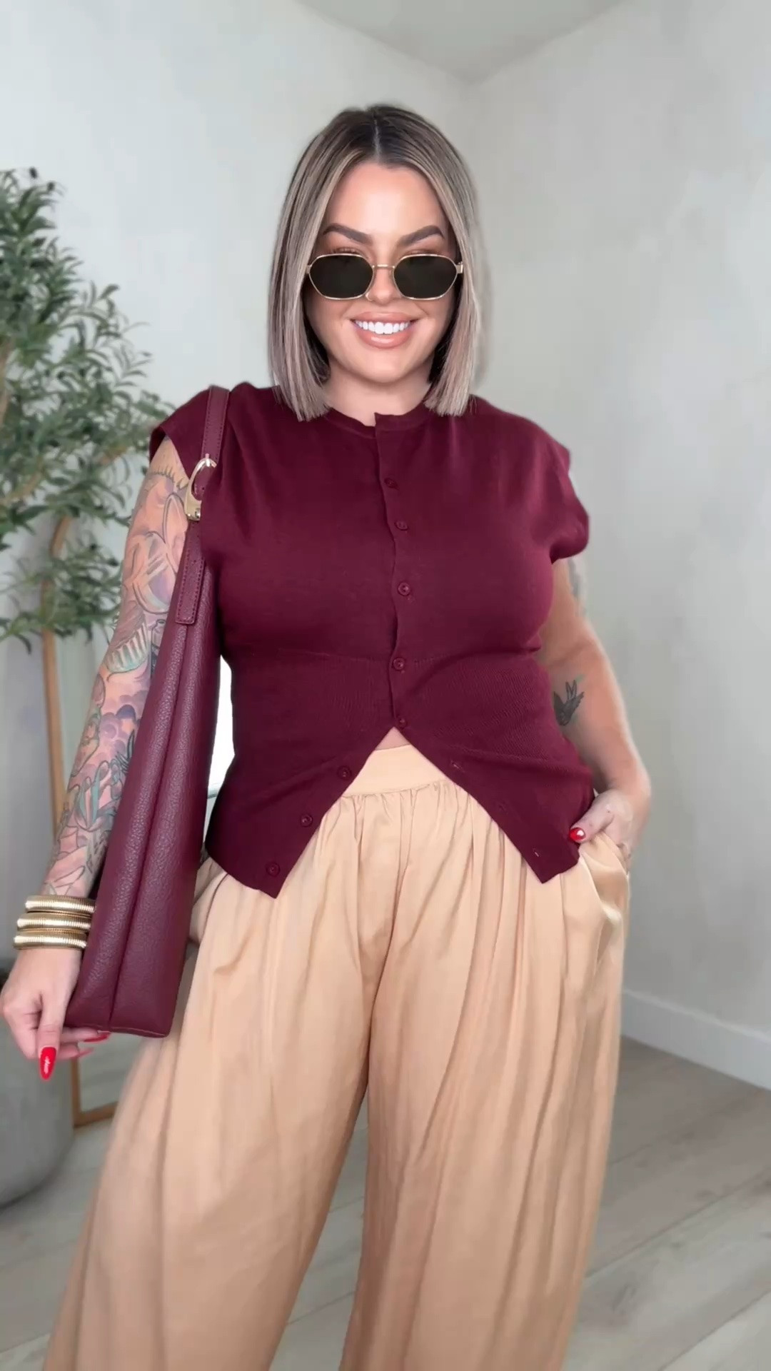 Maroon top L 
Tan balloon pants L 
Black pants xl 
Polka dot top xl 
Zara cream top xl 
Khaki pants xl 

Linked similar bags for the little black one mine is sold out. Also linked similar belt. 

Use code shayna15 on Cara bangles on Miranda Frye to save $ 

Business casual outfit ideas 
#amazon #macys #zara