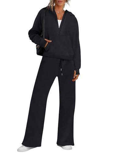 ANRABESS Women's 2 Piece Outfits Sweatsuit Half Zip Cropped Hoodies Sweatshirts Sweatpants Matching Lounge Sets Fall Clothes Black Small | Amazon (US)