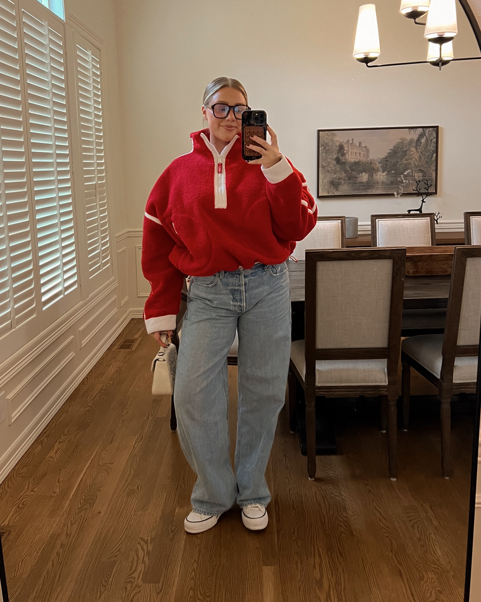 Sized up in this fleece but you could stick with true size I just like the super loose fit! Such a good color and sooo warm. Size down in jeans I’m wearing a 28 typically a 29/30. Converse size down 1/2. Amazon glasses!!