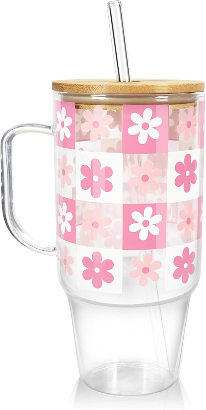 Cute Flower Glass Tumbler with 2 Lids and 2 Straws, 40oz Glass Cup with Handle for Girls, Valenti... | Amazon (US)