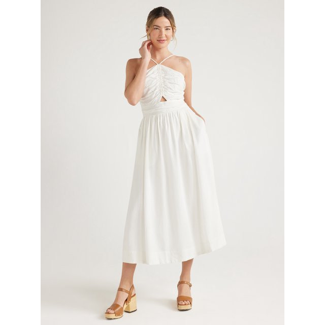 Free Assembly Women’s Sleeveless Ruched Halter Midi Dress, Sizes XS-XXL | Walmart (US)