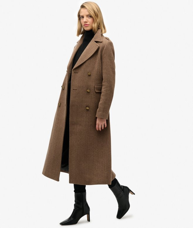 womens Double Breasted Wool Blend Coat in Camel Brown Herringbone | Superdry UK | Superdry (UK)