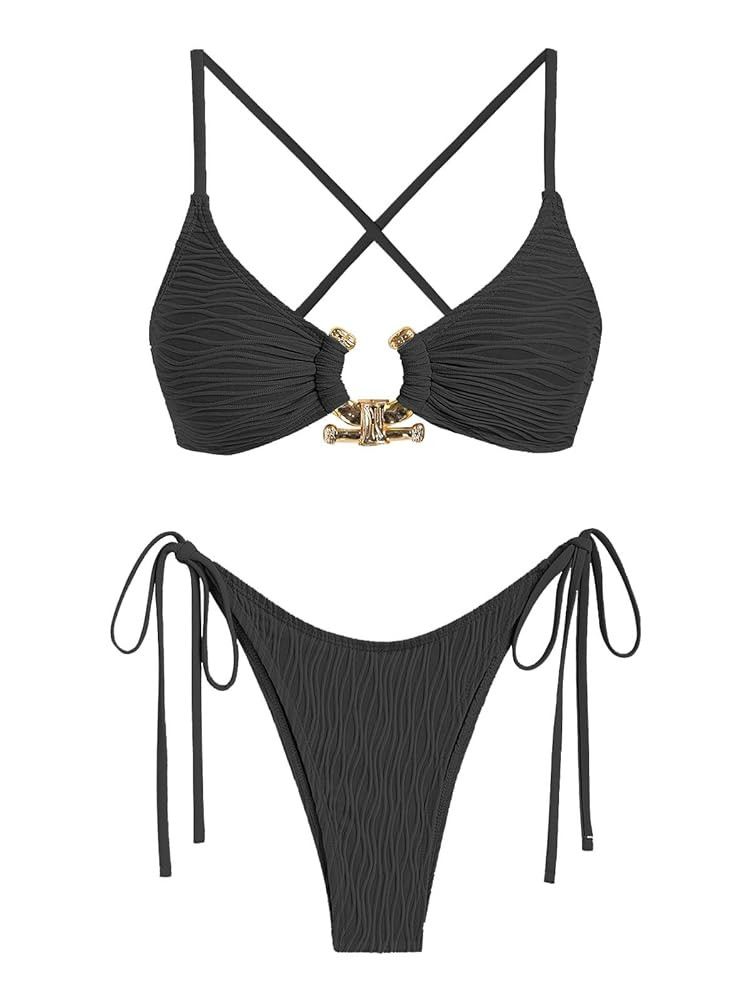 ZAFUL Women's Bikini Sets Ribbed Metal O Ring Criss Cross Two Piece Swimsuit Cheeky High Cut Side... | Amazon (US)