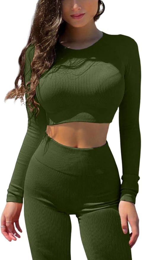 QINSEN Seamless Workout Outfits for Women 2 Piece Ribbed Long Sleeve Crop Top Tummy Control Leggi... | Amazon (US)