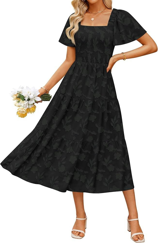 ZESICA Women‘s Summer Boho Floral Midi Dresses 2025 Casual Short Sleeve Square Neck Flowy Beach... | Amazon (US)