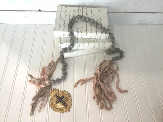 Sacred Heart Bead Garland Gray Wooden Bead Garland Religious - Etsy | Etsy (US)