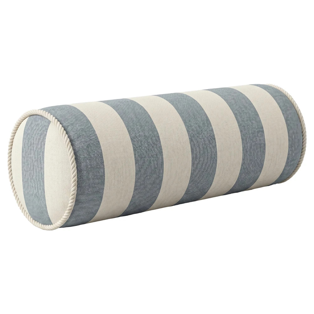 Orion Coastal Blue Sunbrella Cabana Stripe Indoor Outdoor Bolster Pillow - 8x25 | Kathy Kuo Home