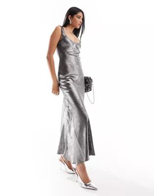 ASOS DESIGN scoop neck midi satin slip dress in silver | ASOS | ASOS (Global)