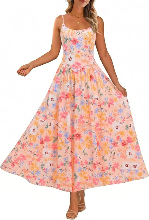 Women's 2026 Boho Flowy Midi Dress Square Neck Adjustable Spaghetti Strap Sundress with Pockets B... | Amazon (US)