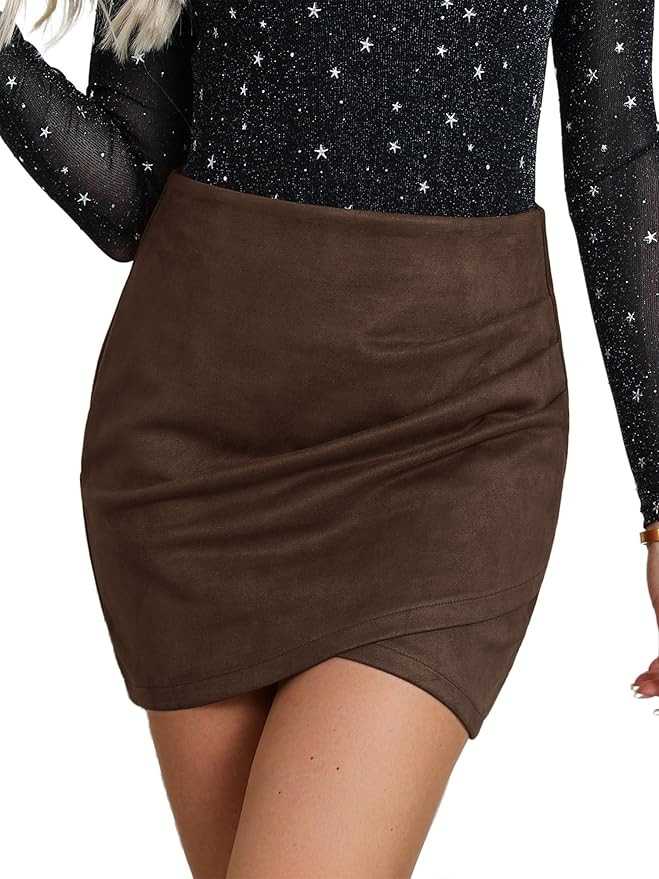 Ezcosplay Women High Waisted Faux Suede Ruched Wrap Mini Skirt Asymmetrical Tulip Hem Bodycon Sho... | Amazon (US)