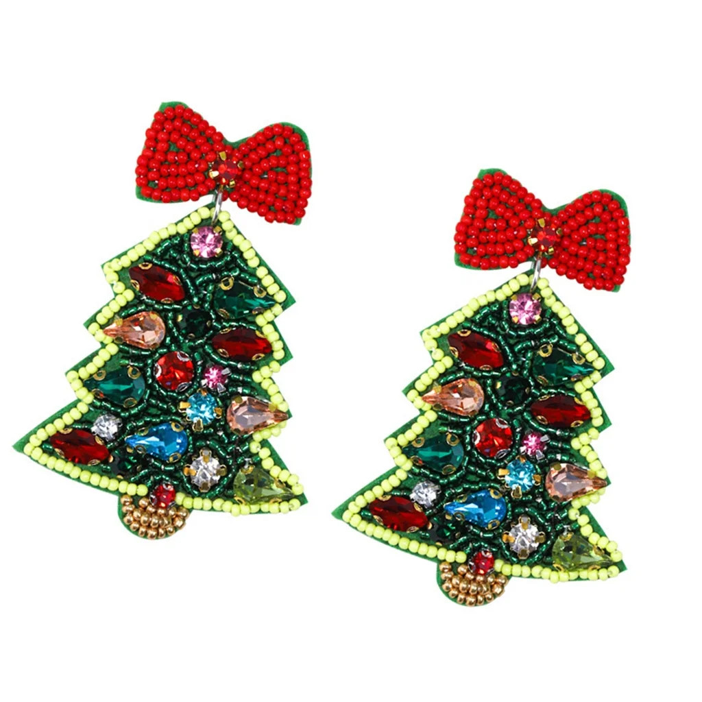 Handmade Beaded Rhinestones Christmas Tree Earrings Festive Women Accessories | Walmart (US)