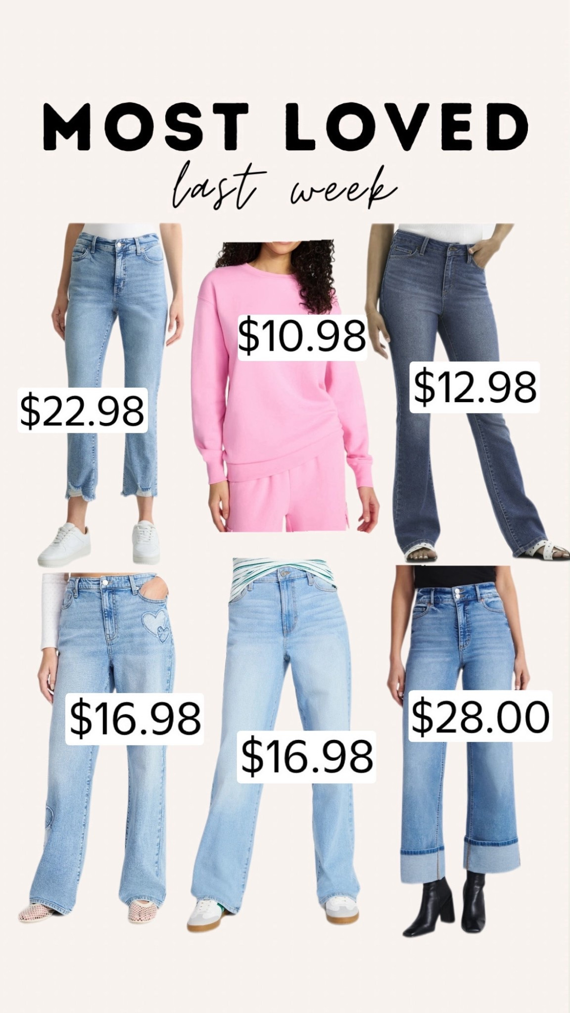 Most loved Walmart finds from last week 🤍
These were on repeat in your carts and for good reason—affordable denim staples and an under-$11 lounge set that look way more expensive than they are. Easy everyday pieces you can dress up or down and wear all season long.

#WalmartFinds #AffordableFashion #BudgetStyle #EverydayDenim #WalmartStyle #LookForLess #CasualOutfits #MomStyle #SpringBasics

#LTKmomlife #LTKSaleAlert #LTKSeasonal