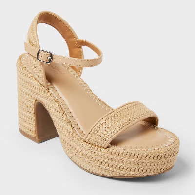 Women's Madeline Raffia Platform Sandal Heels with Memory Foam Insole - Universal Thread™ Tan 8.5 | Target